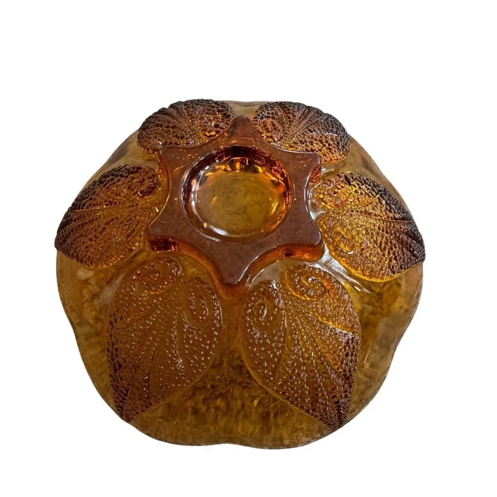 Anchor Hocking Dish Bowl Amber Glass Renaissance Flower Pattern Beaded 6.5